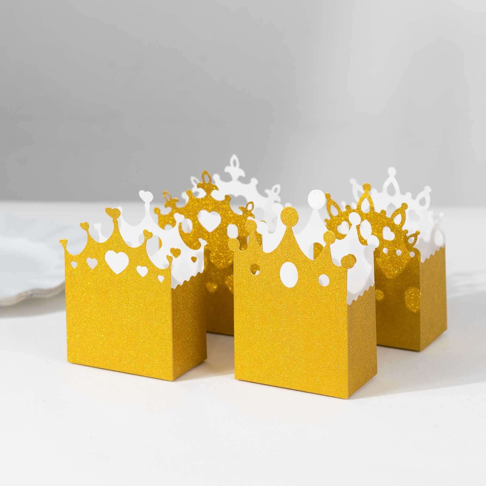 Hot Sale! 20-Pack Gold Glitter Princess Crown Cardstock Favor Boxes for Weddings, Birthdays & More