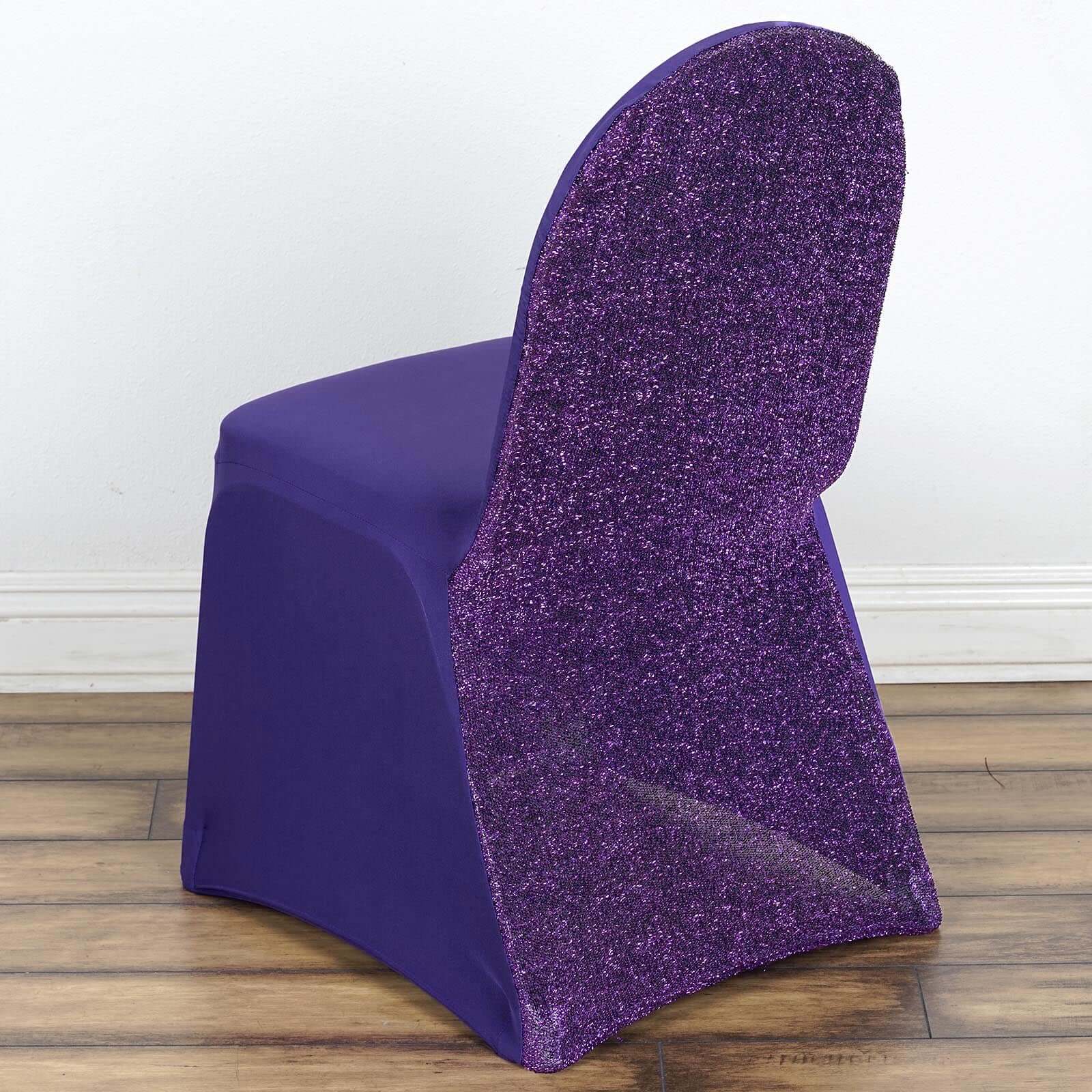 Hot! Purple Fitted Spandex Banquet Chair Cover with Metallic Shimmer Tinsel Back
