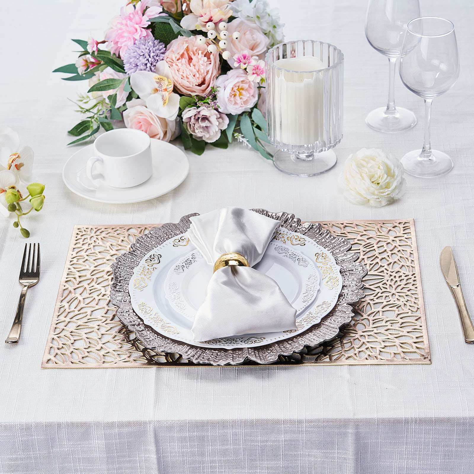 6-Pack Gold Metallic Floral Vinyl Placemats - Non-Slip 12x18 Rectangle Table Mats