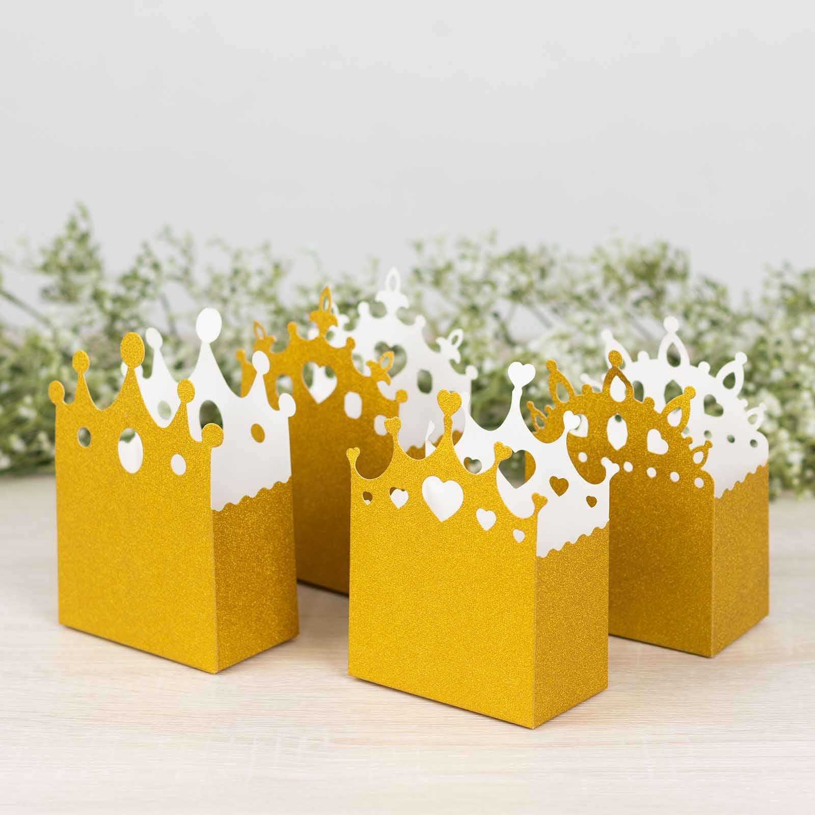 Hot Sale! 20-Pack Gold Glitter Princess Crown Cardstock Favor Boxes for Weddings, Birthdays & More