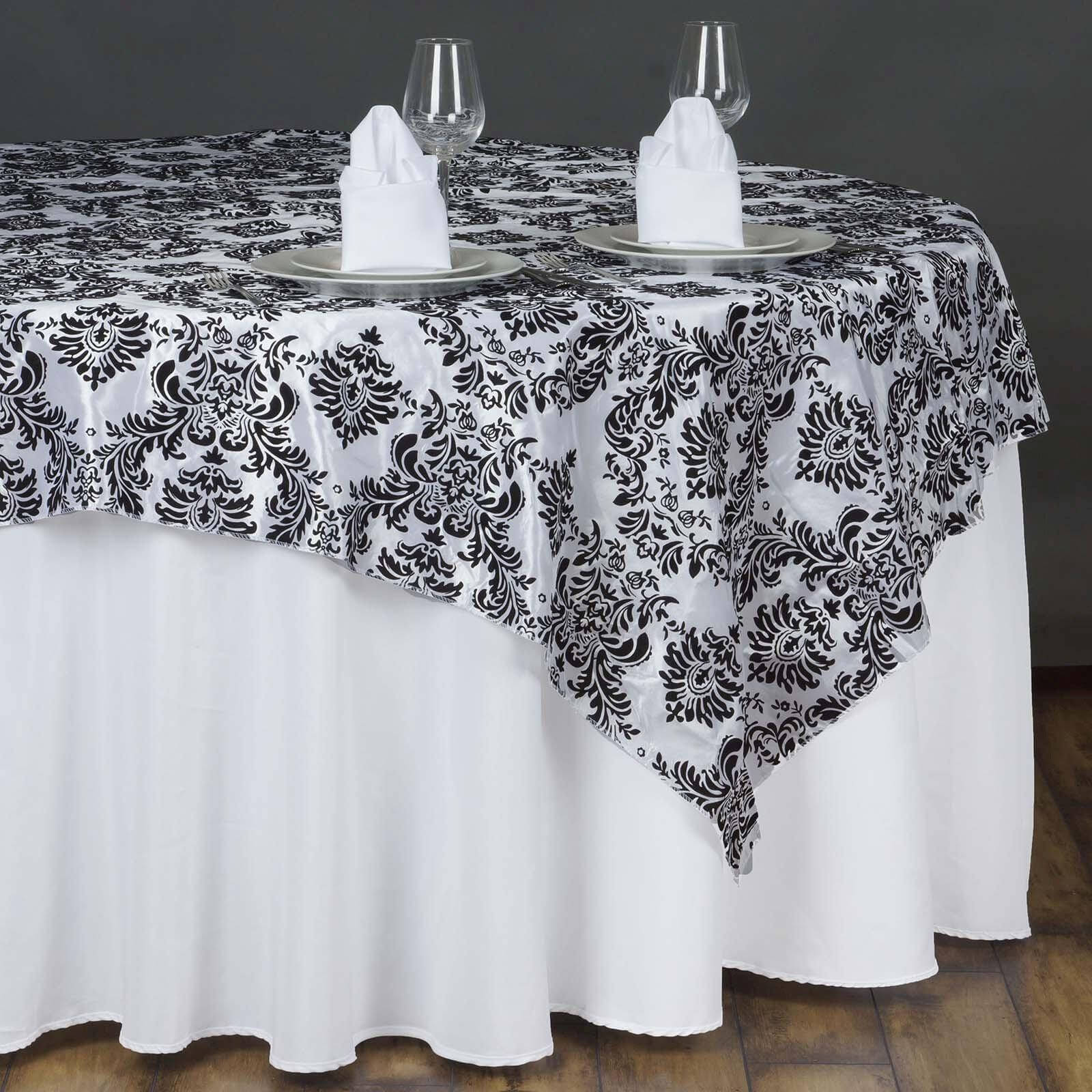 Black 90x90 Square Flocking Table Overlay with Damask Design for Elegant Events