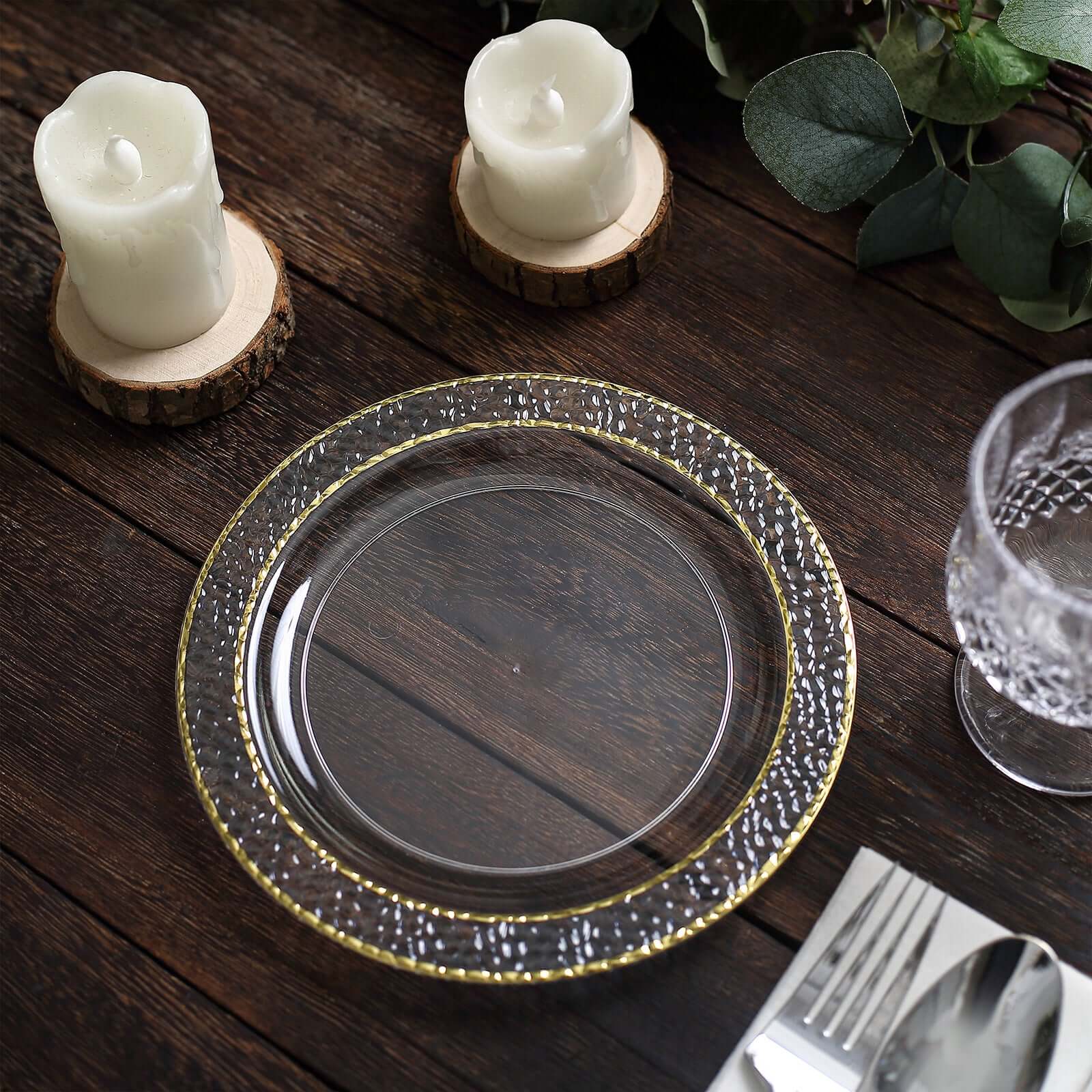 10-Piece Set of Disposable Clear Plastic Appetizer Plates with Hammered Design and Gold Rim for Special Events