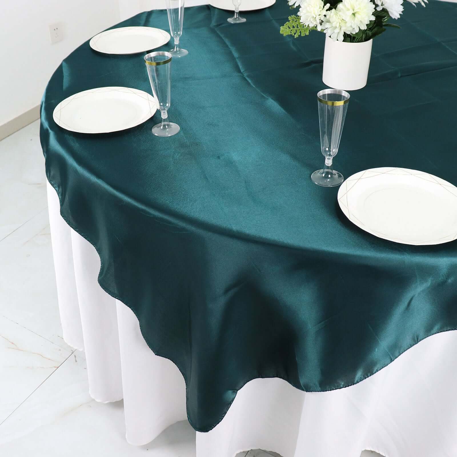 Peacock Teal Satin 60x60 Square Table Overlay with Smooth Silky Touch