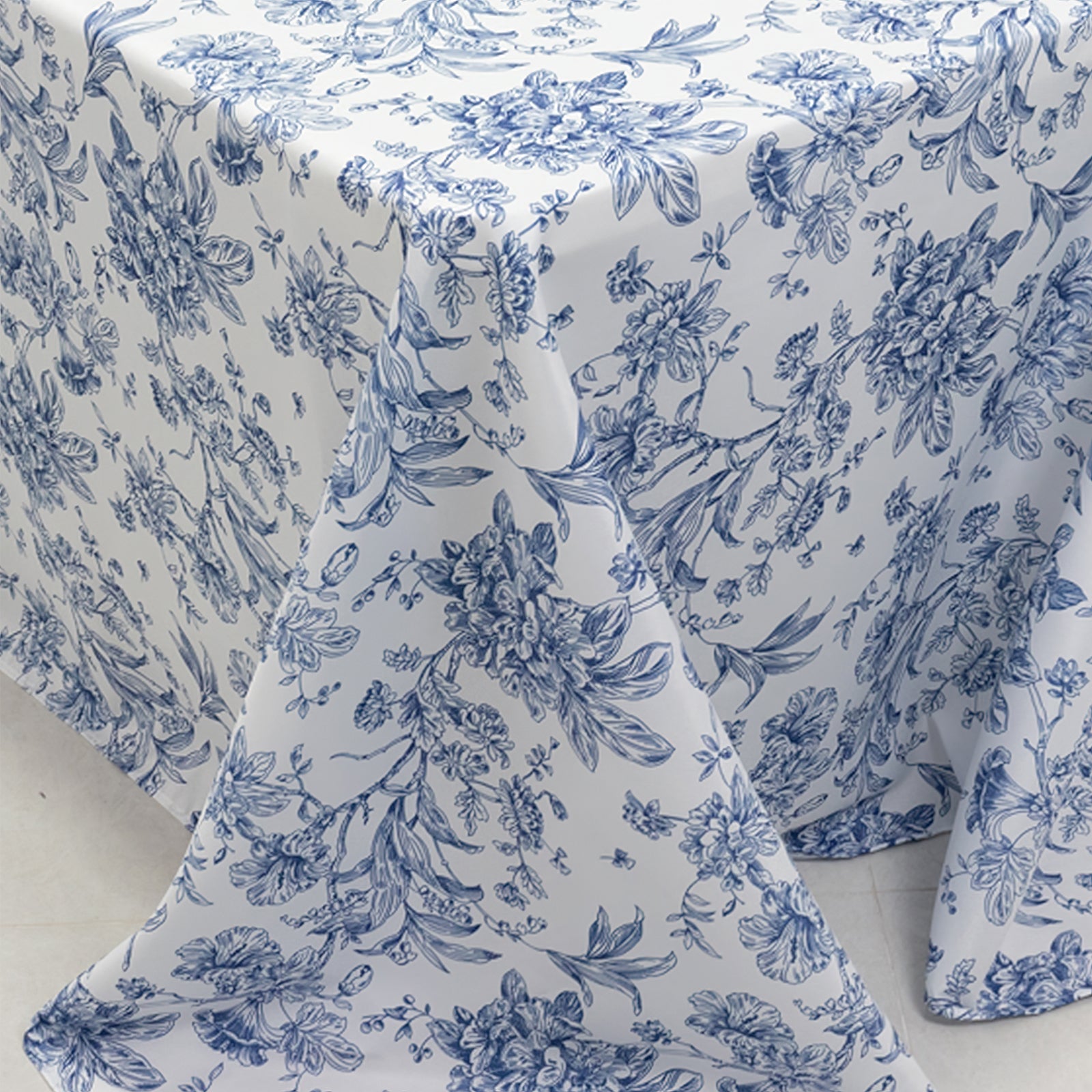 White Polyester Rectangle Tablecloth with Seamless Blue French Toile Pattern for Elegant Events