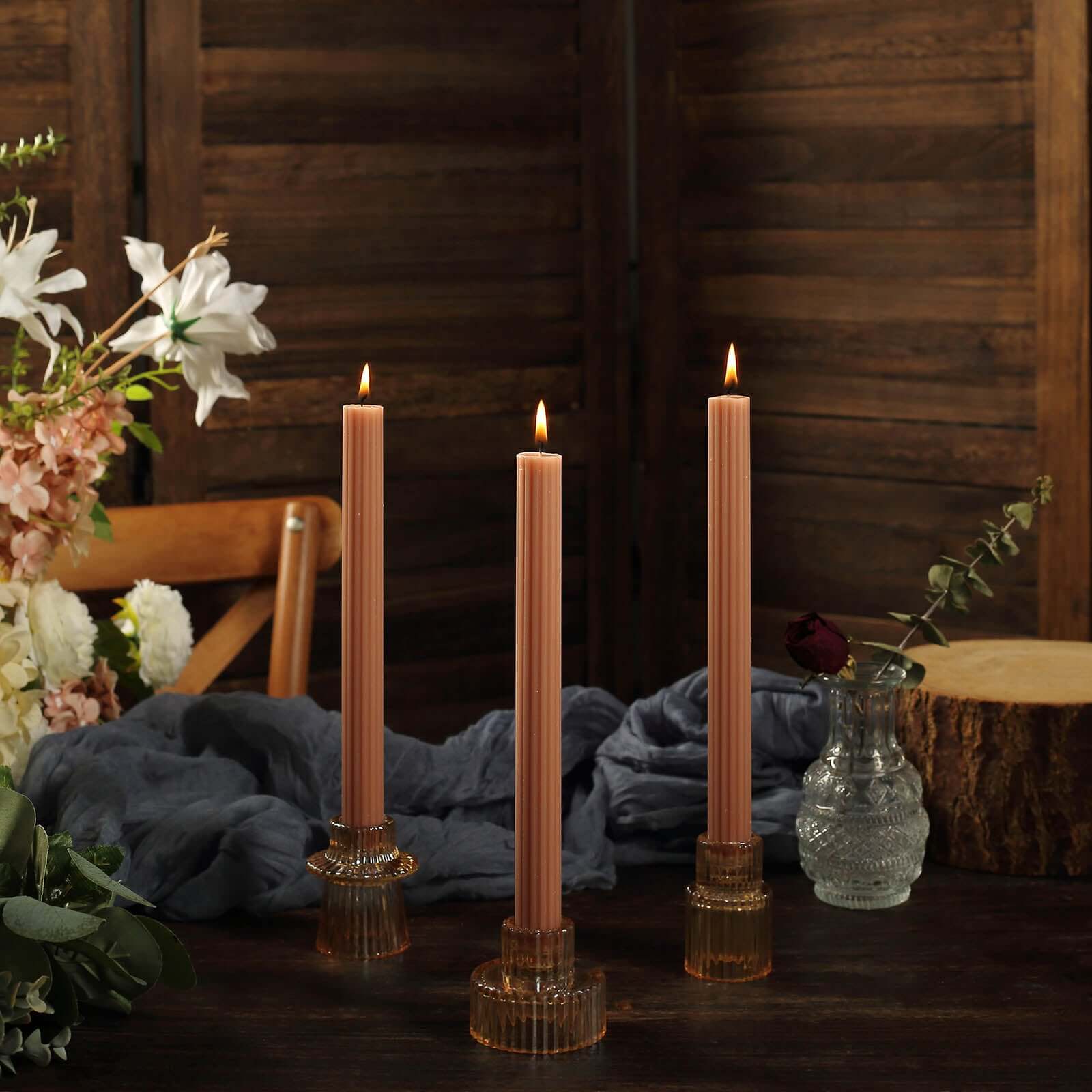 Premium Beige 5-Pack Unscented Ribbed Taper Dinner Candles, 9 Inches