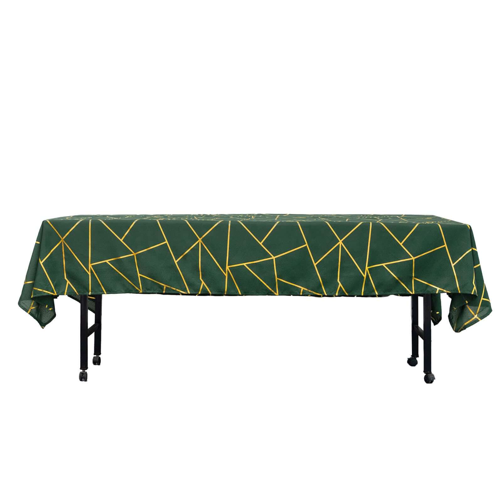 Wrinkle-Resistant & Durable Polyester Tablecloth in Hunter Emerald Green with Gold Foil Geometric Design