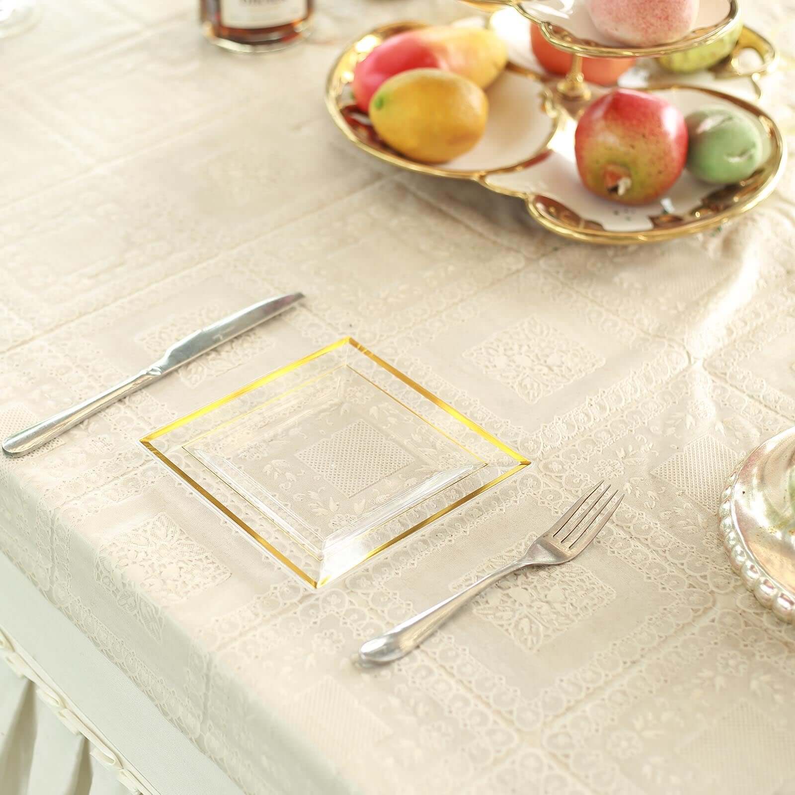 10-Pack Disposable Clear Square Salad & Dessert Plastic Plates with Elegant Gold Trim, 7 Inches