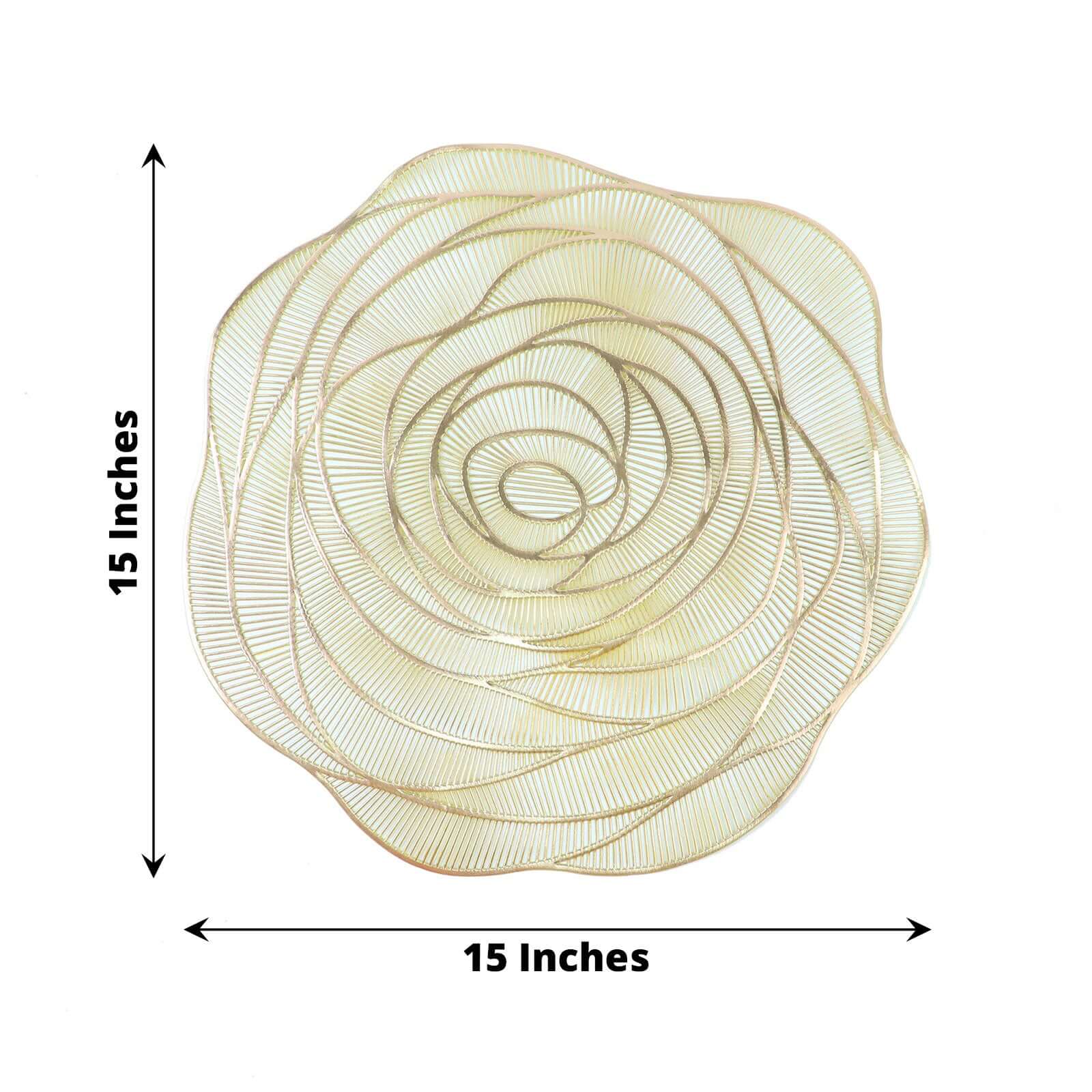 Hot Deal! 6-Pack Metallic Gold Rose Flower Vinyl Round Non-Slip Washable Dining Table Mats, 15"