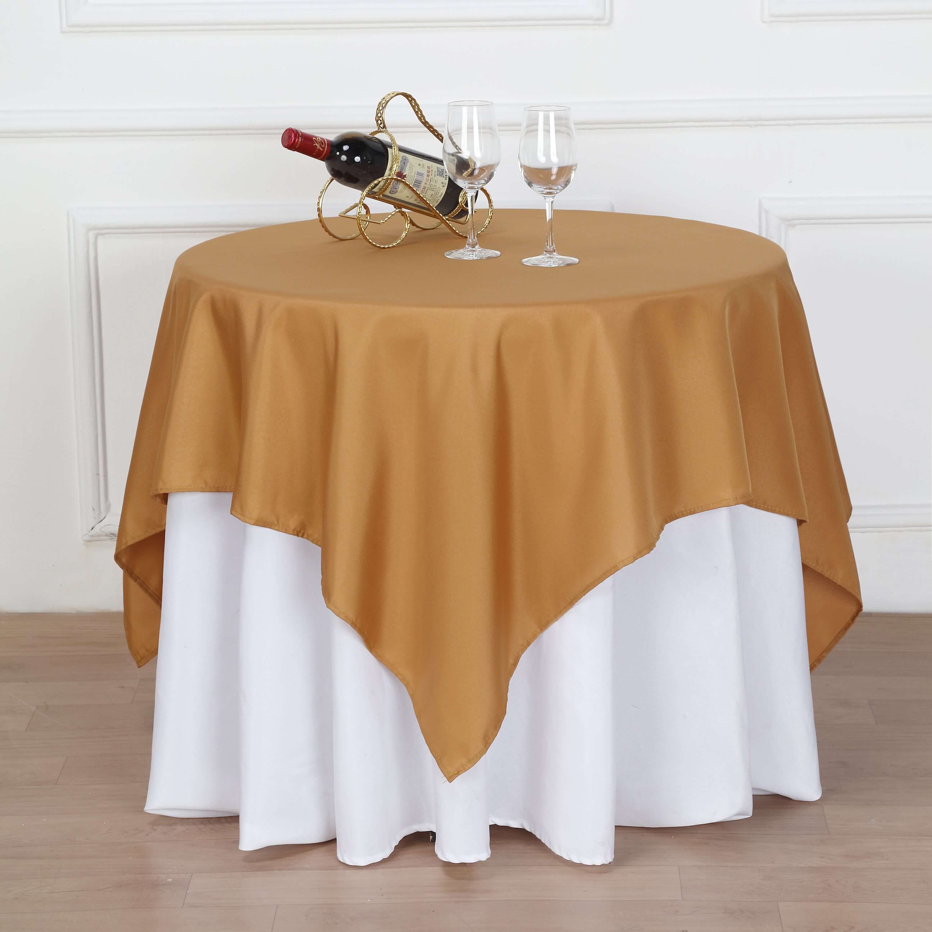Wrinkle-Resistant & Durable Gold Polyester 54x54 Square Table Overlay for Events