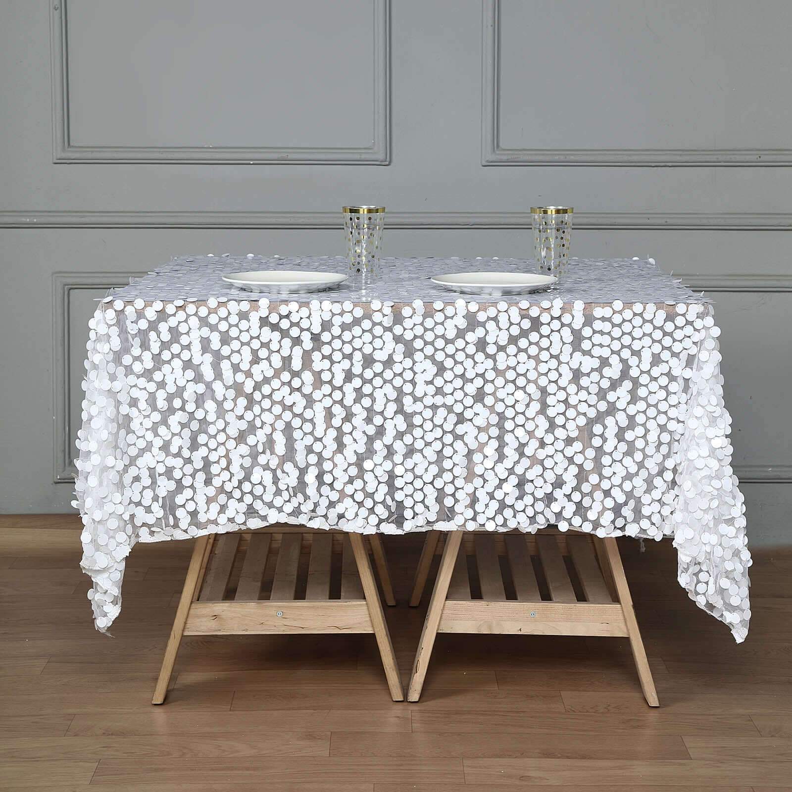 Big Payette White Sequin 72x72 Square Table Overlay for Elegant Celebrations
