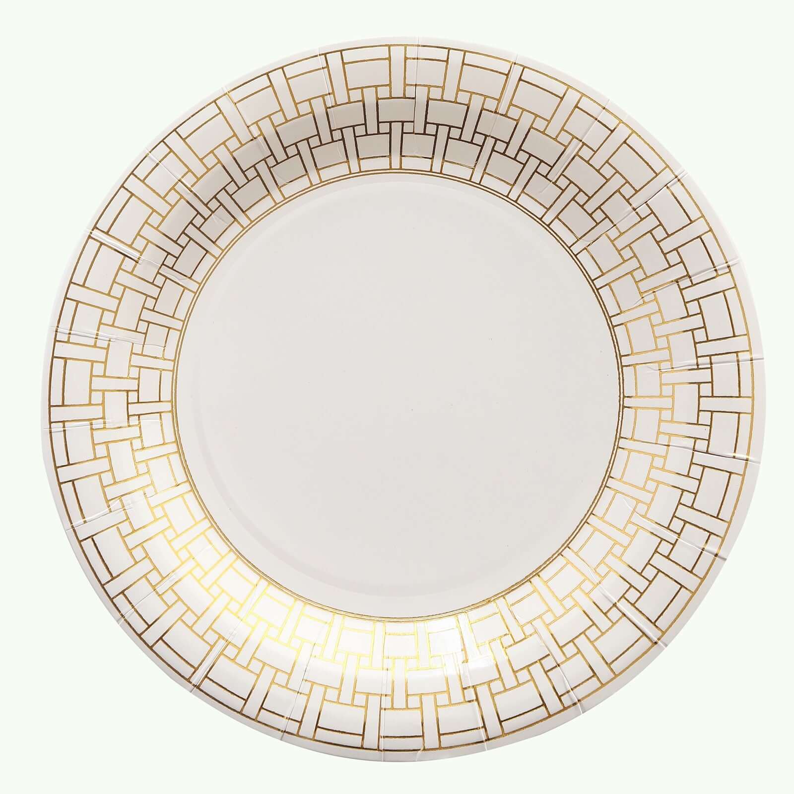 Get 25-Pack of Disposable 9-Inch White Paper Dinner Plates with Gold Basketweave Rim for Elegant Parties