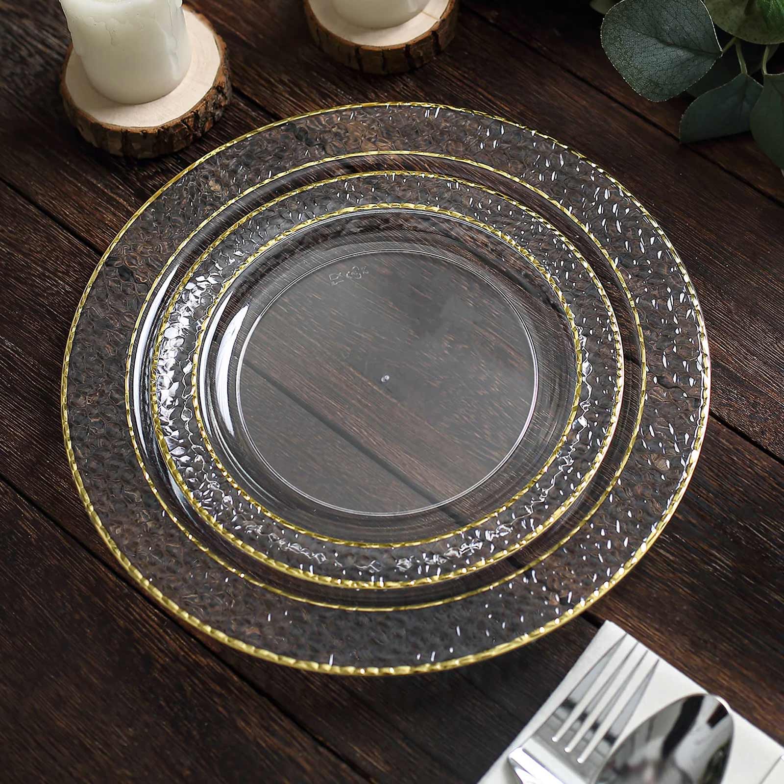 10-Piece Set of Disposable Clear Plastic Appetizer Plates with Hammered Design and Gold Rim for Special Events