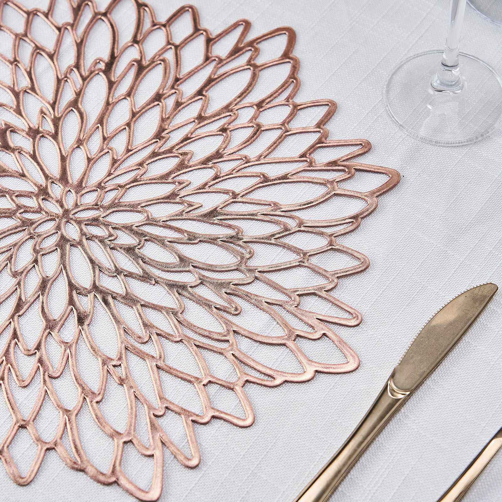 6-Piece Rose Gold Floral Round Non-Slip Vinyl Dining Table Mats, 15 Inches