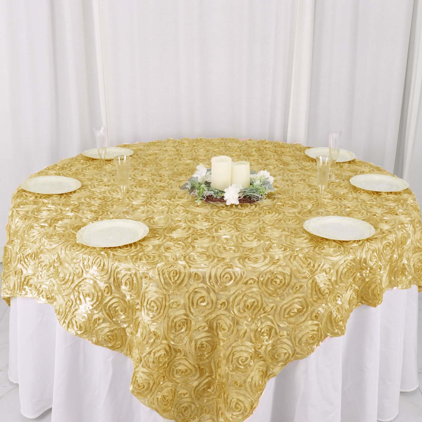 Champagne Satin 72x72 3D Rosette Square Table Overlay - Great for Events
