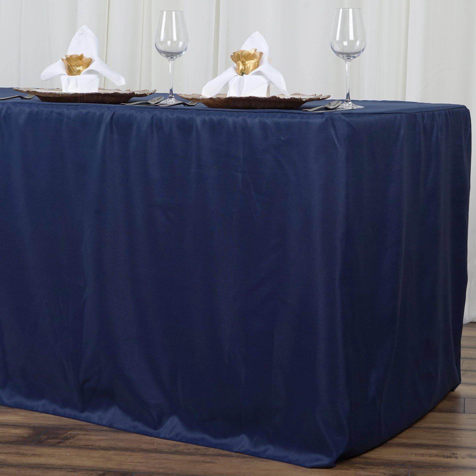 Navy Blue Durable Polyester Fitted Tablecloth for 8FT Rectangle Tables - Easy to Maintain