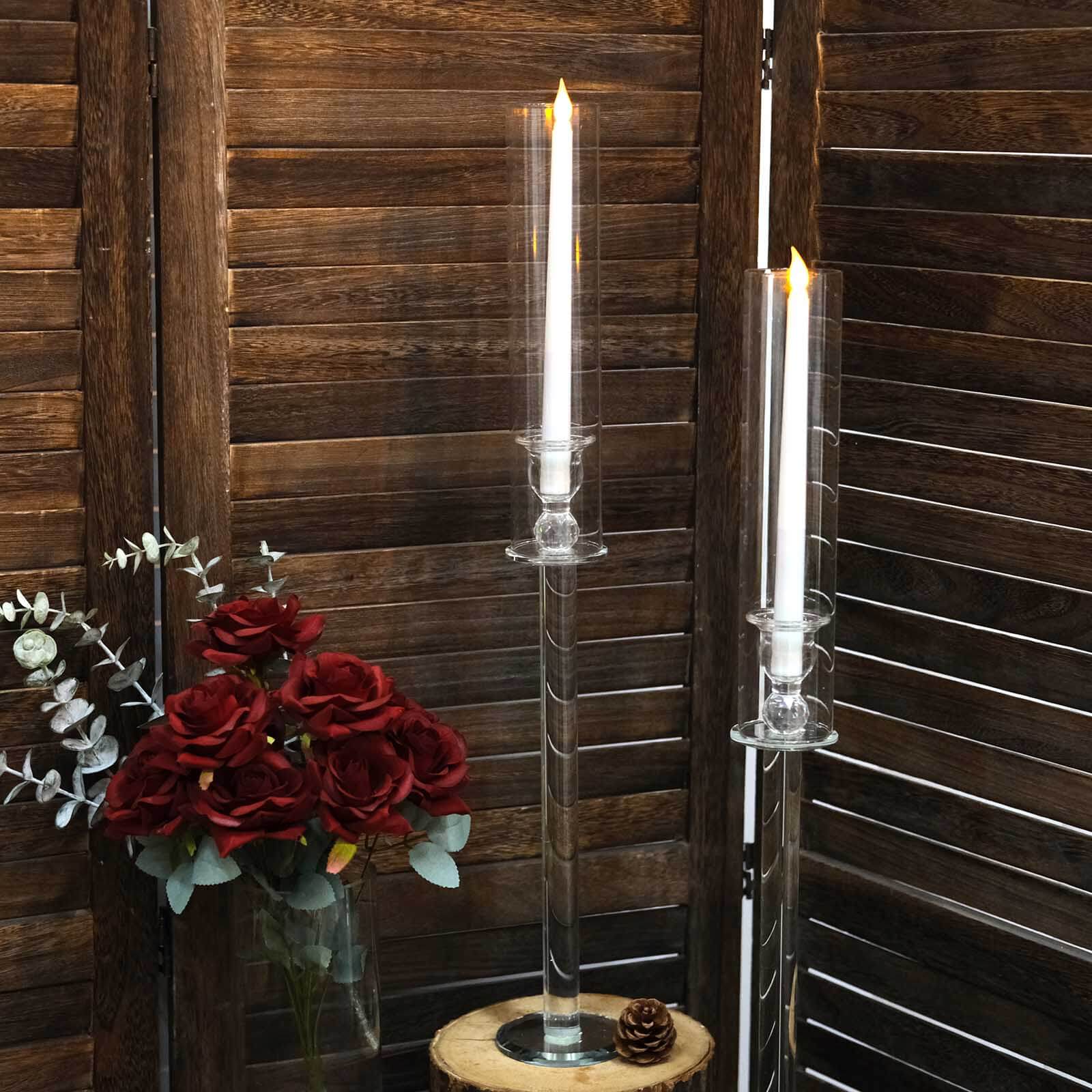 2-Pack Tall Clear Crystal Glass Hurricane Taper Candle Holders, Decorative 26-Inch Stands