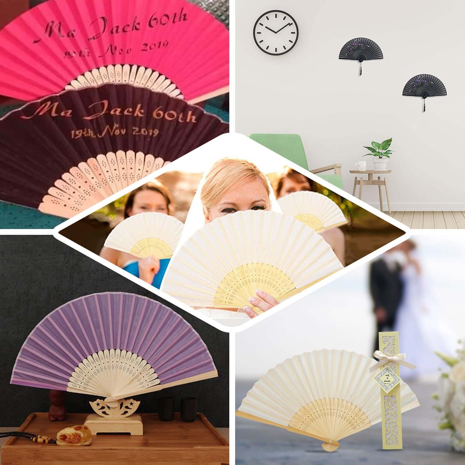 Set of 5 Purple Asian Silk Folding Fans - Ideal Party Favors