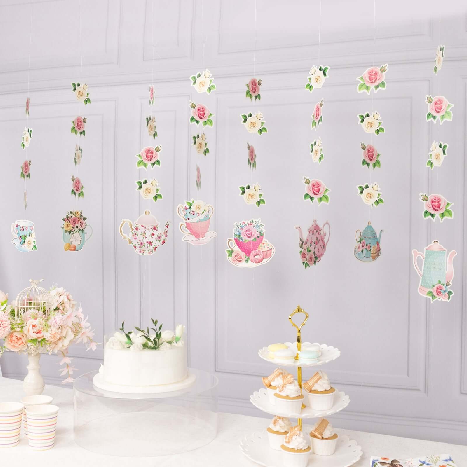 8-Pack Double-Sided Floral Tea Party Paper Garland Set: 40 Pre-Assembled Mixed Teapot Decorations