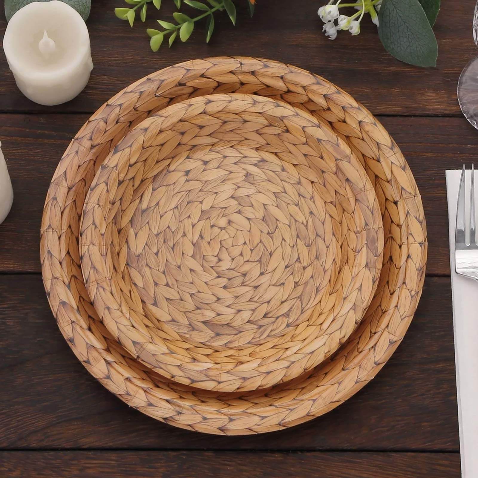 25-Pack 7" Natural Round Paper Dessert Plates with Woven Rattan Print - Premium Disposable Plates for All Occasions