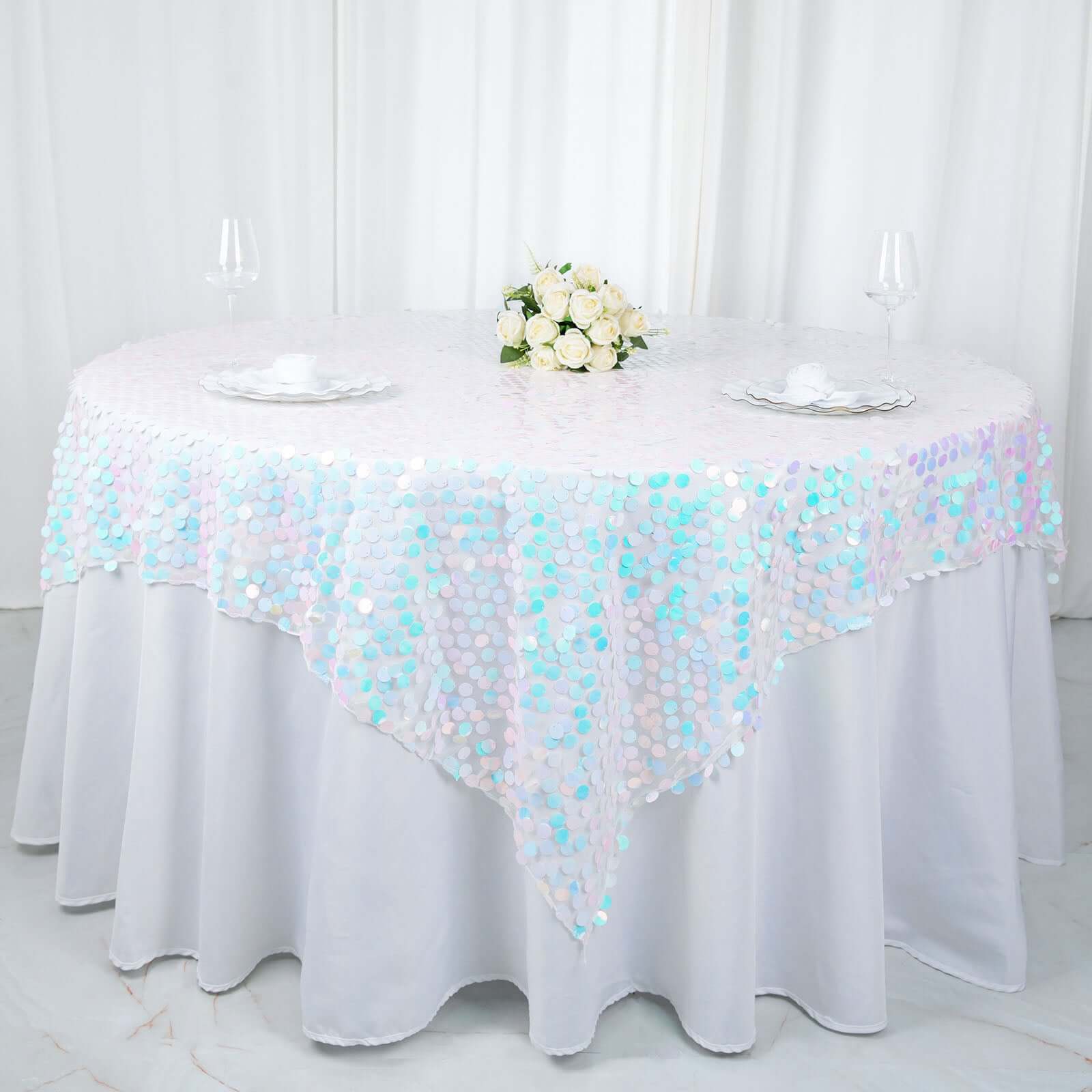 18mm Sequin 72x72 Square Table Overlay in Iridescent Blue for Big Tables