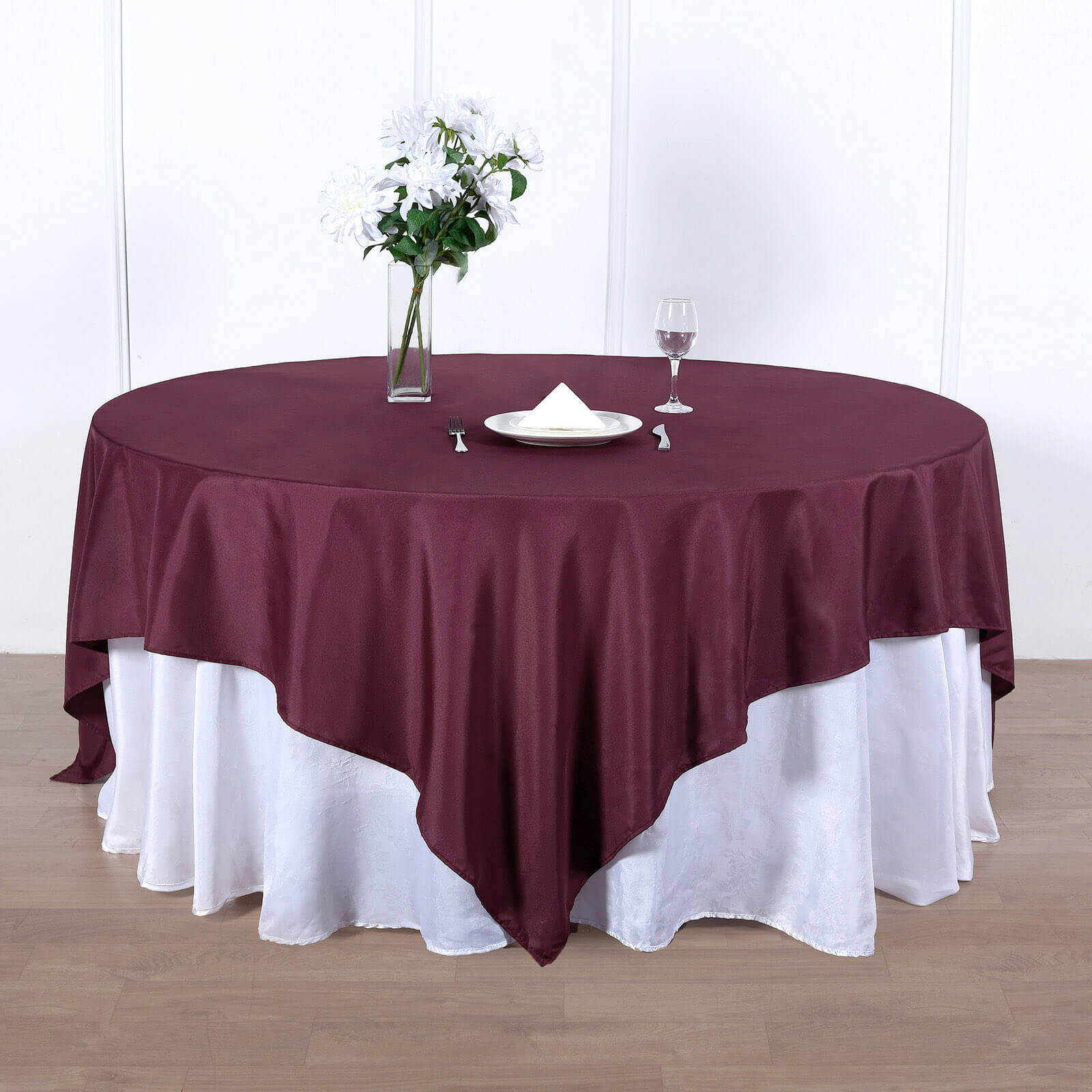 Wrinkle-Resistant & Durable Burgundy 90x90 Polyester Square Table Overlay - Ideal for Events