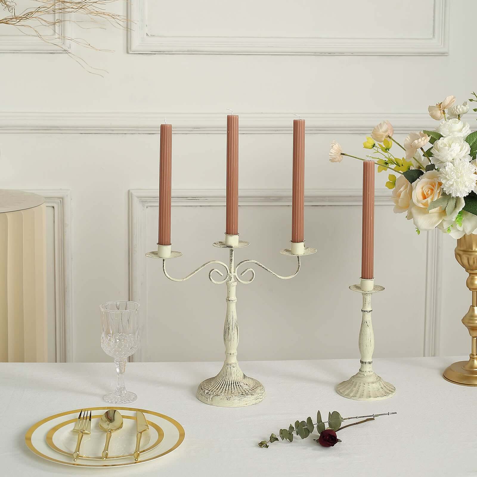 Premium Beige 5-Pack Unscented Ribbed Taper Dinner Candles, 9 Inches