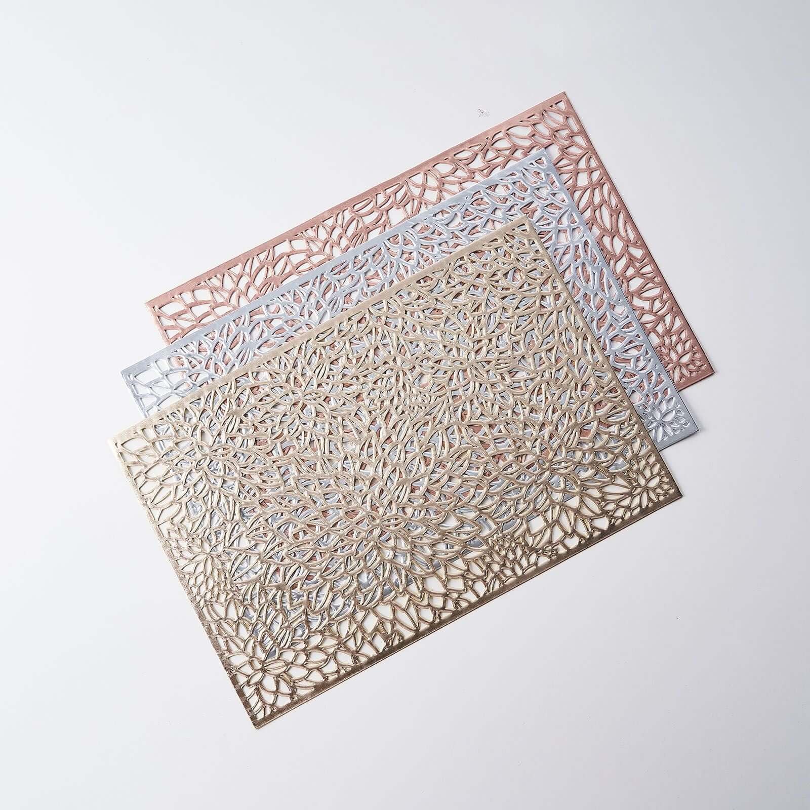 6-Pack Gold Metallic Floral Vinyl Placemats - Non-Slip 12x18 Rectangle Table Mats