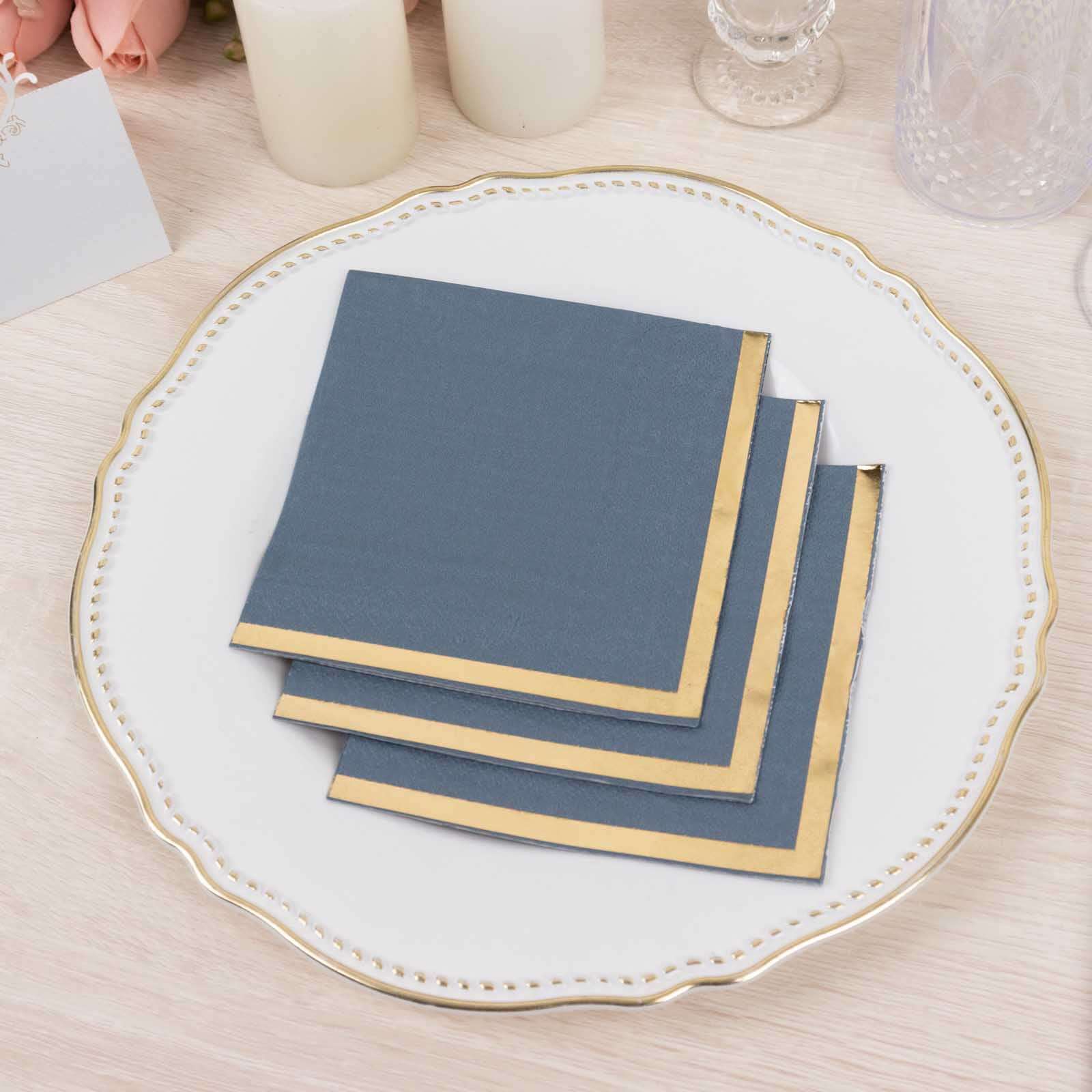 Hot! 50-Pack 2-Ply Disposable 18GSM Dusty Blue Cocktail Napkins with Gold Foil Edge 5x5