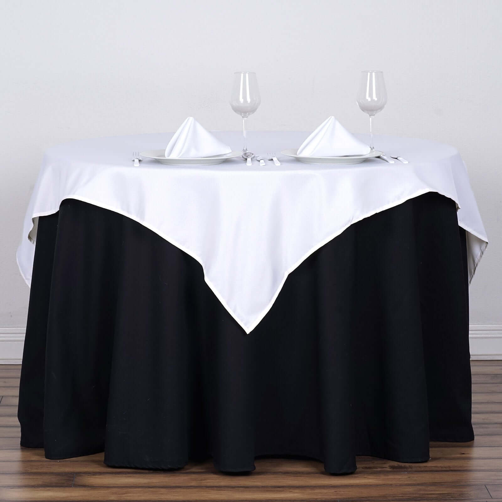 White 54x54 Polyester Square Table Overlay - Wrinkle-Resistant, Durable for Events
