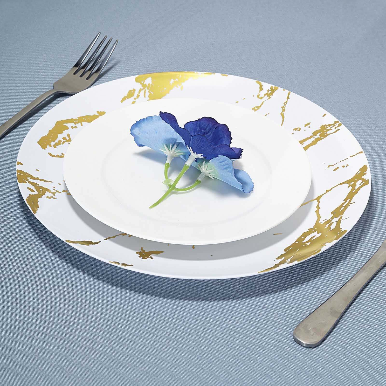 10-Piece Set of White Plastic Round Dinner Plates with Gold Marble Print for Elegant Parties