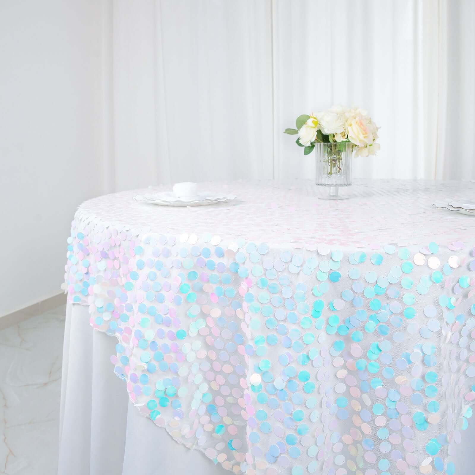 18mm Sequin 72x72 Square Table Overlay in Iridescent Blue for Big Tables