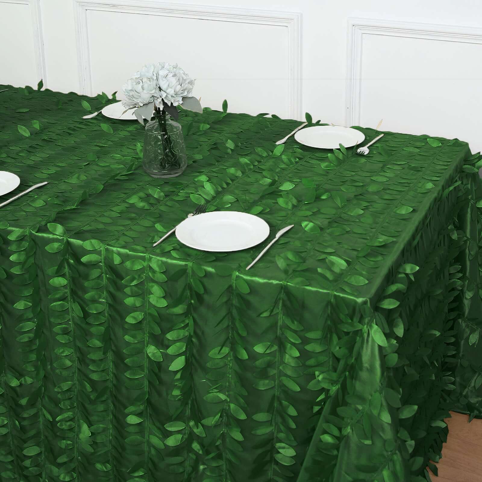Exclusive Green Taffeta Rectangle Tablecloth with 3D Leaf Petal Design