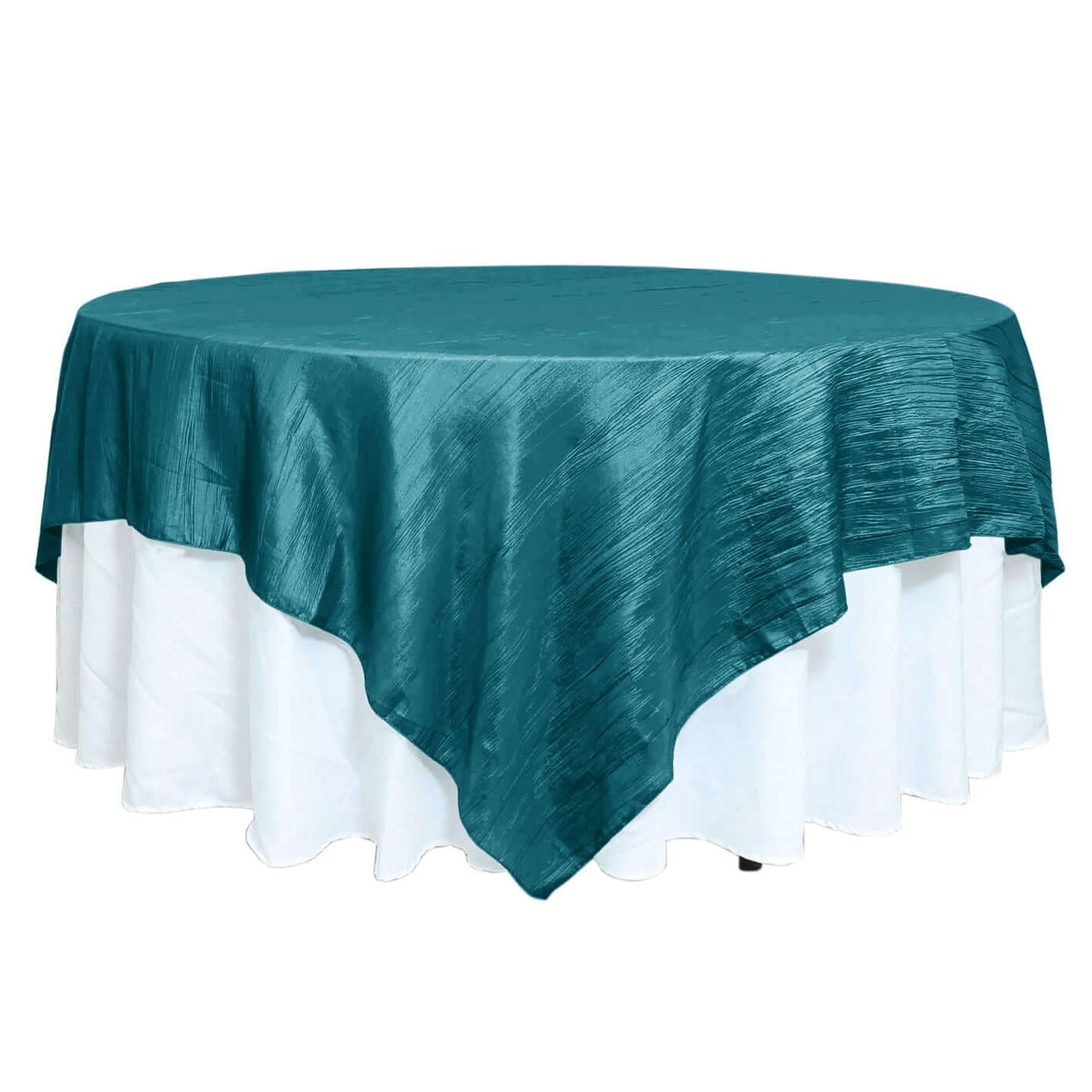 Exclusive Peacock Teal 90x90 Crinkle Taffeta Square Table Overlay