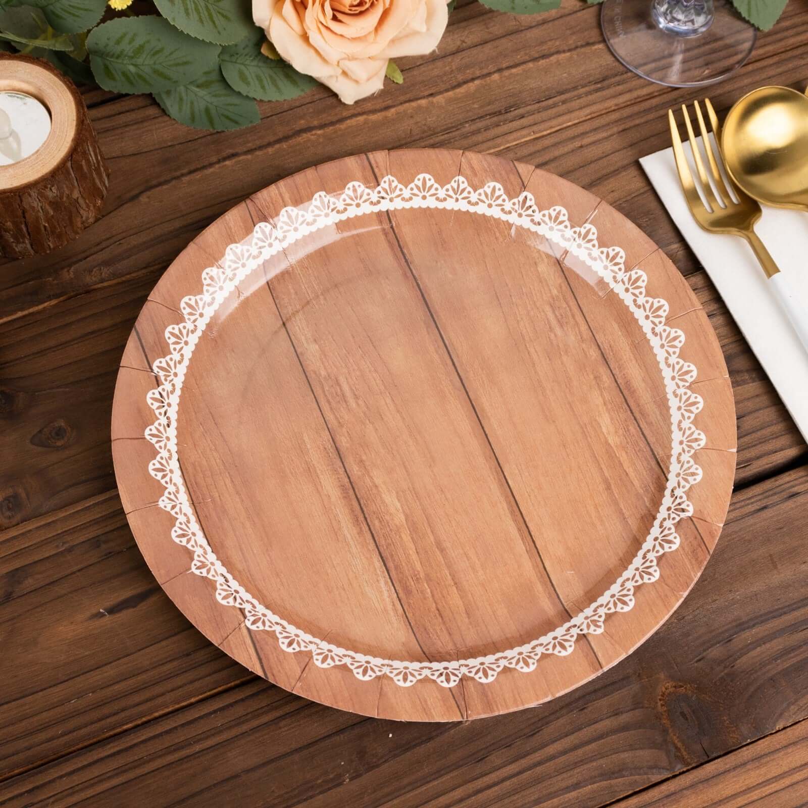 25-Piece Set of 9-Inch Round Disposable Dinner Plates in Brown Wood Grain with White Lace Rim for Rustic Events