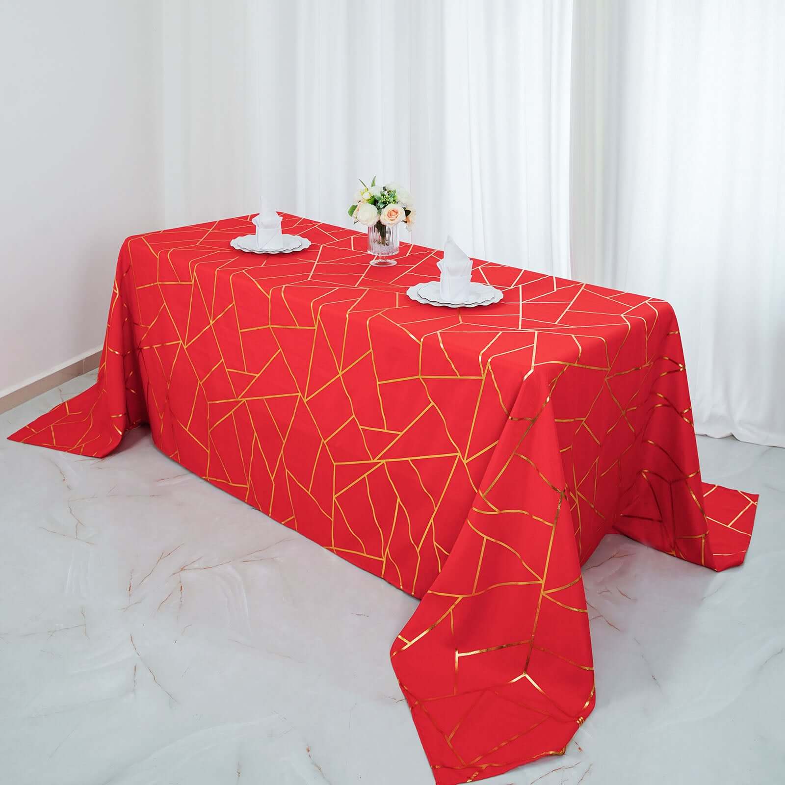 Hot! Red Seamless Polyester Tablecloth with Gold Foil Geometric Pattern, Wrinkle-Resistant (90x132)