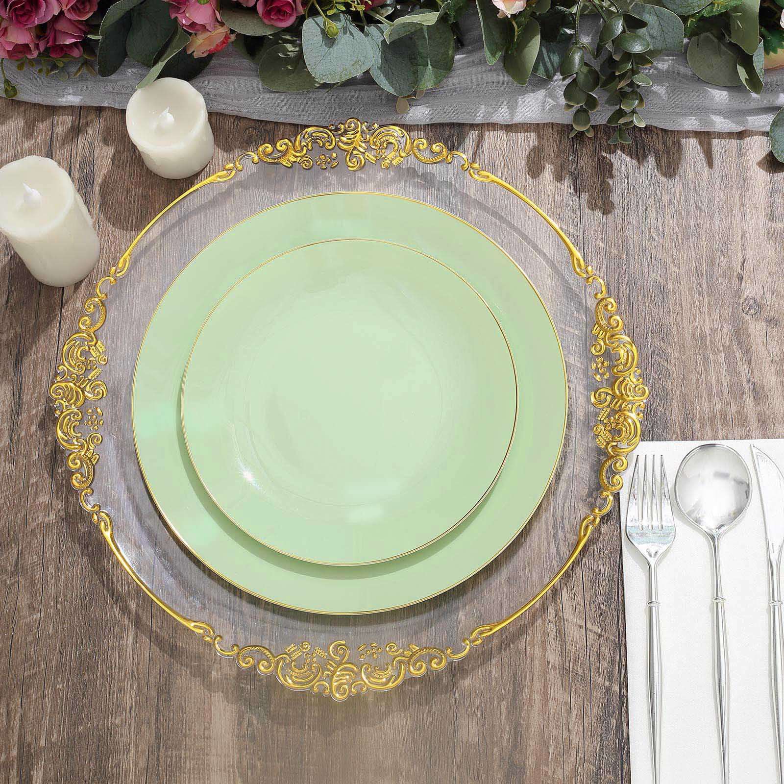 Hot Deal! 10-Pack 8" Sage Green Plastic Dessert Plates with Gold Rim - Disposable & Sturdy