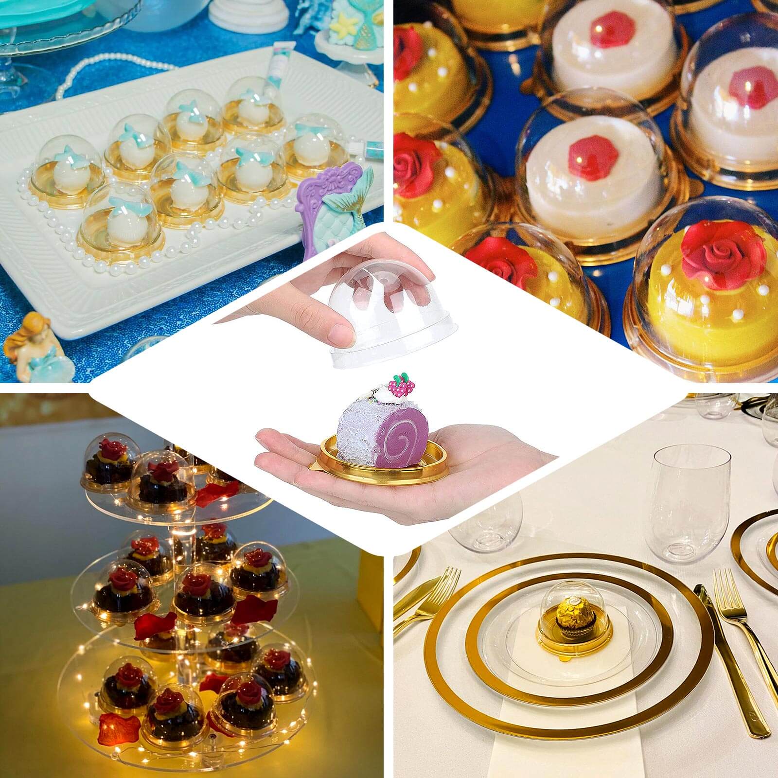 50-Piece Set of Plastic Party Favor Containers - Round Dome Design in Gold and Clear for Cupcakes and Sweets