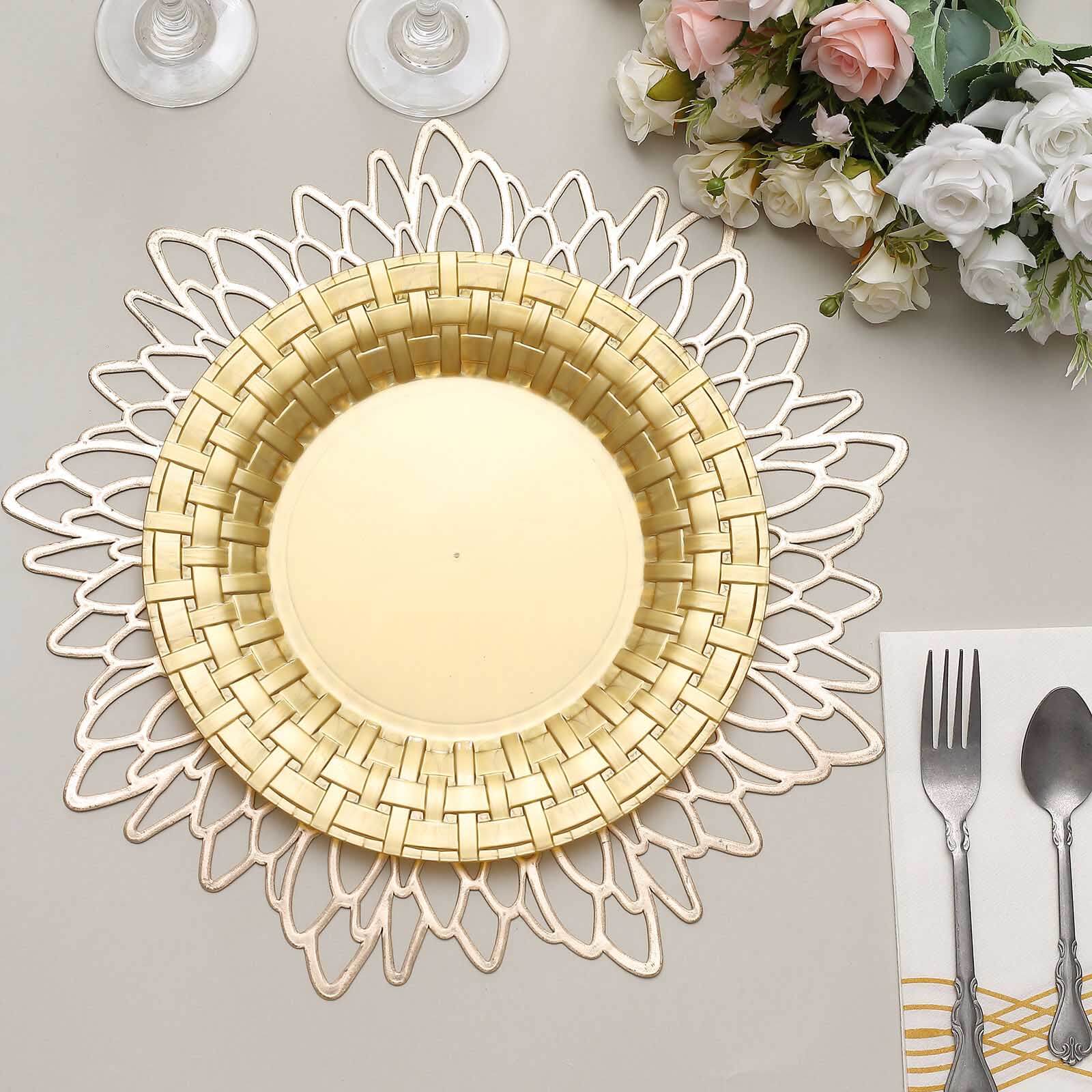 Hot Deal! 10-Pack Gold Basketweave Rim Disposable Plastic Dinner Plates (10
