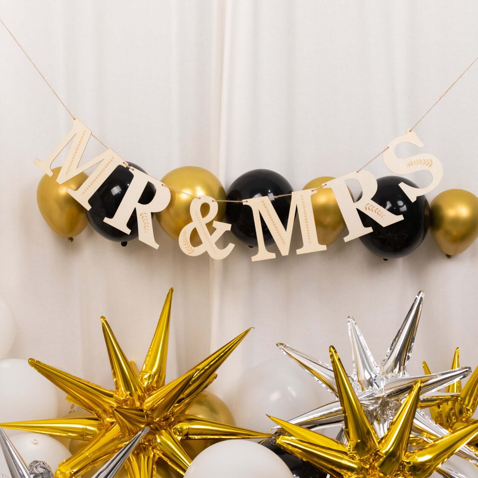 10ft Handmade Natural Pre - Strung Mr & Mrs Wooden Letter Banner with Rustic Botanical Design for Anniversaries