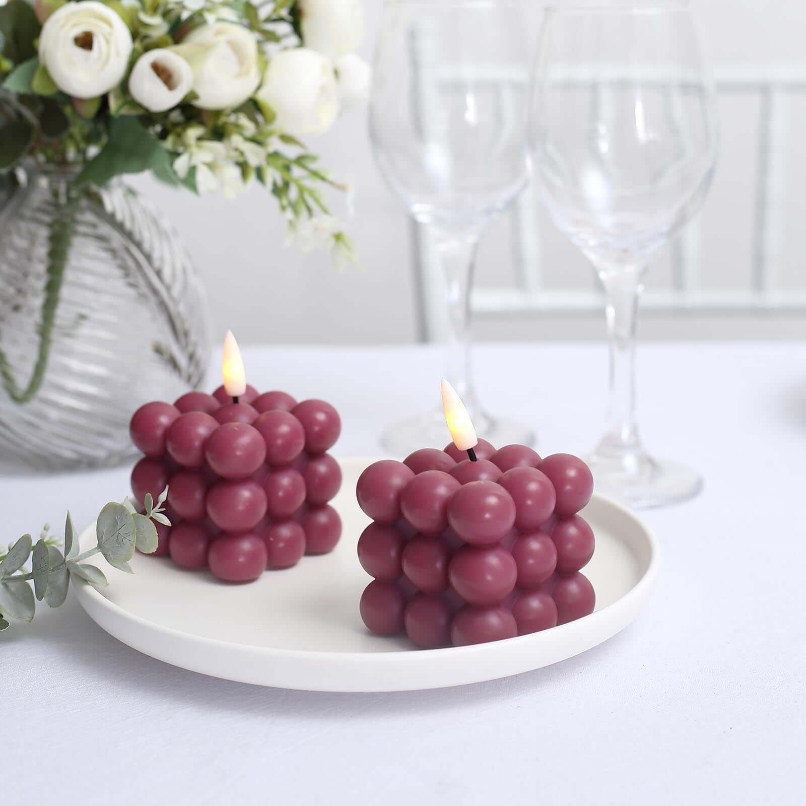 2-Pack Battery-Operated Burgundy LED Flameless Cube Candles with Flickering Warm White Light