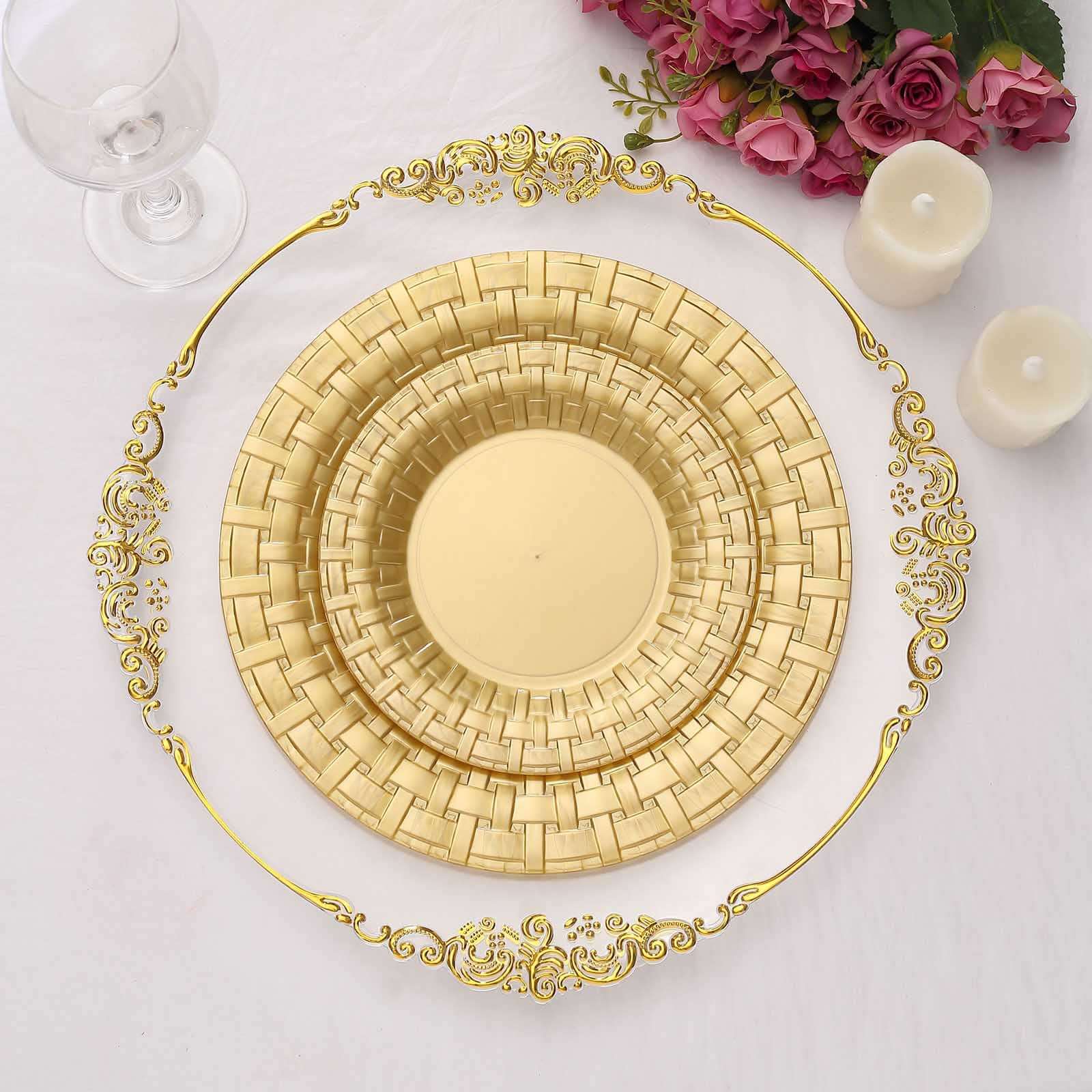 Hot Deal! 10-Pack Gold Basketweave Rim Disposable Plastic Dinner Plates (10