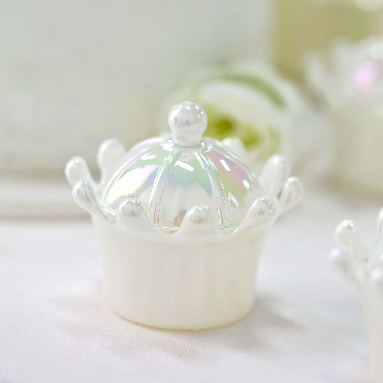 12-Pack White Mini Crown Treat Favor Boxes with Iridescent Dome Lids - Perfect for Parties!