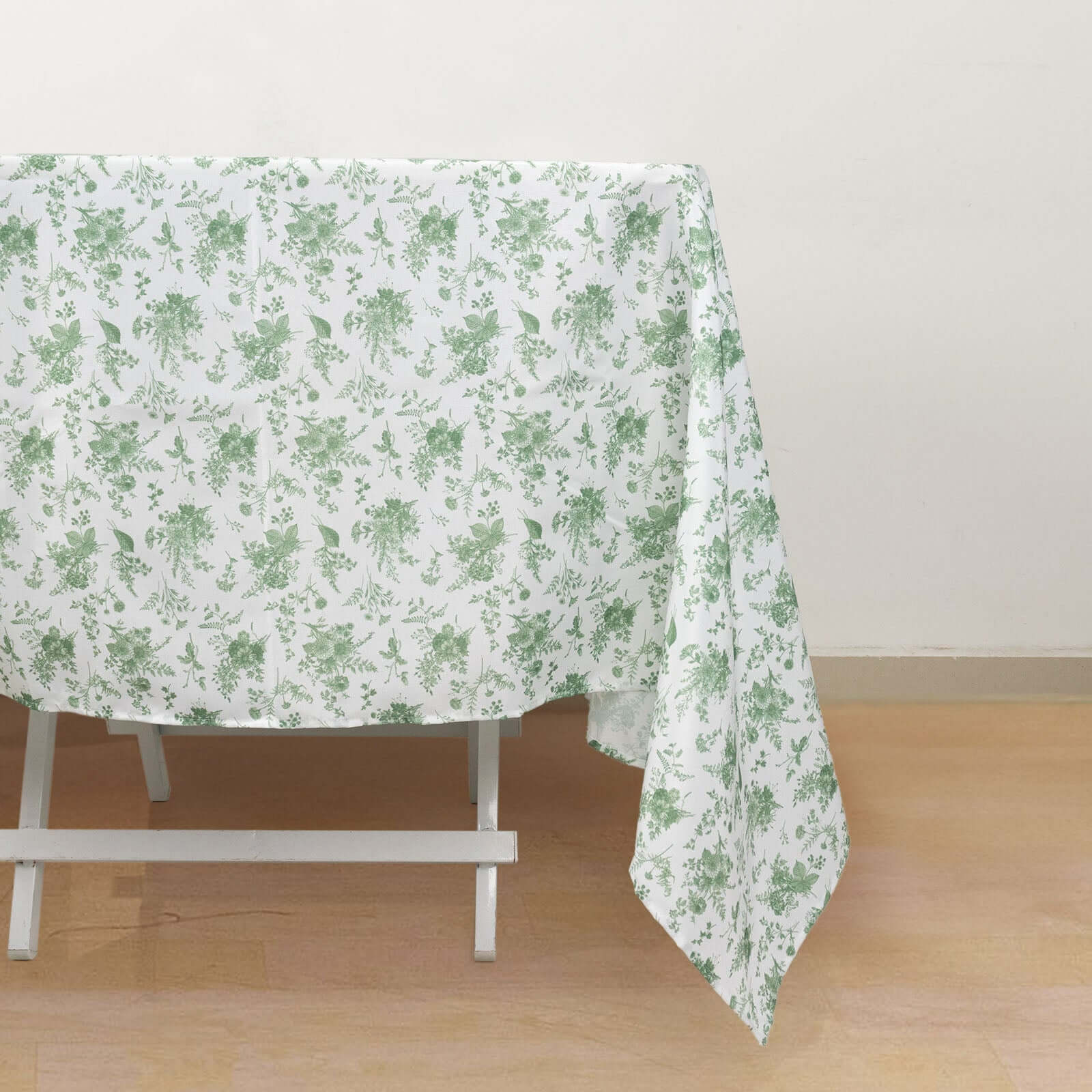 Exclusive 70x70 Polyester Square Tablecloth in Dusty Sage Green French Toile Pattern for Upscale Dining