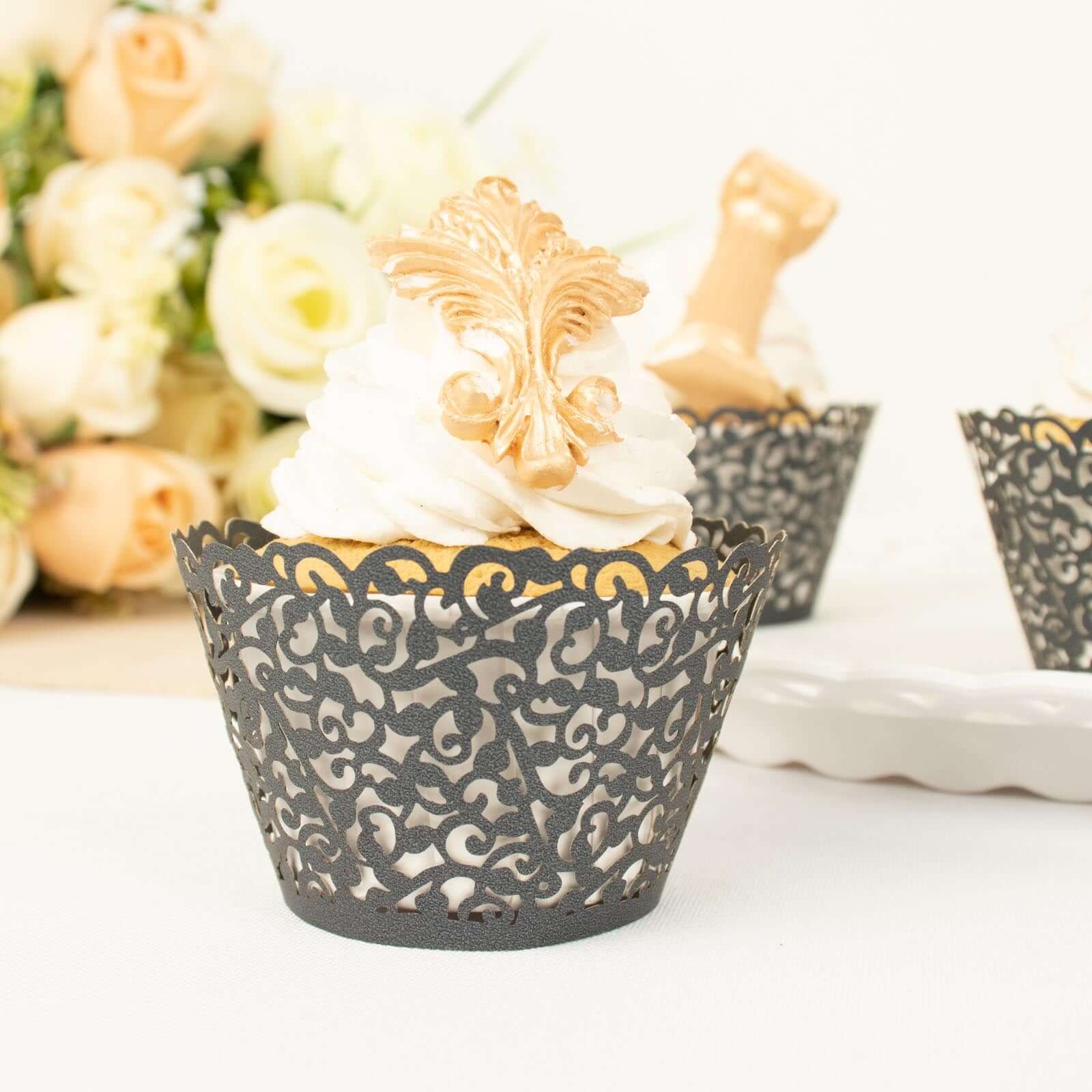 25-Pack Premium Black Lace Laser-Cut Paper Cupcake Wrappers - Ideal for Events