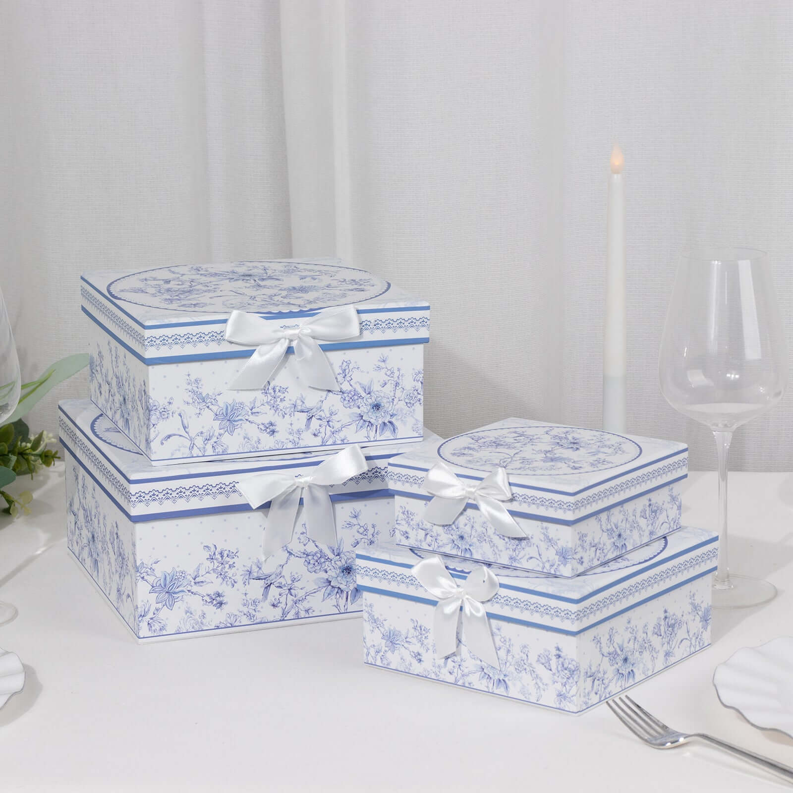 Hot! Set of 4 White & Blue French Toile Cardstock Nesting Gift Boxes - Stackable & Reusable