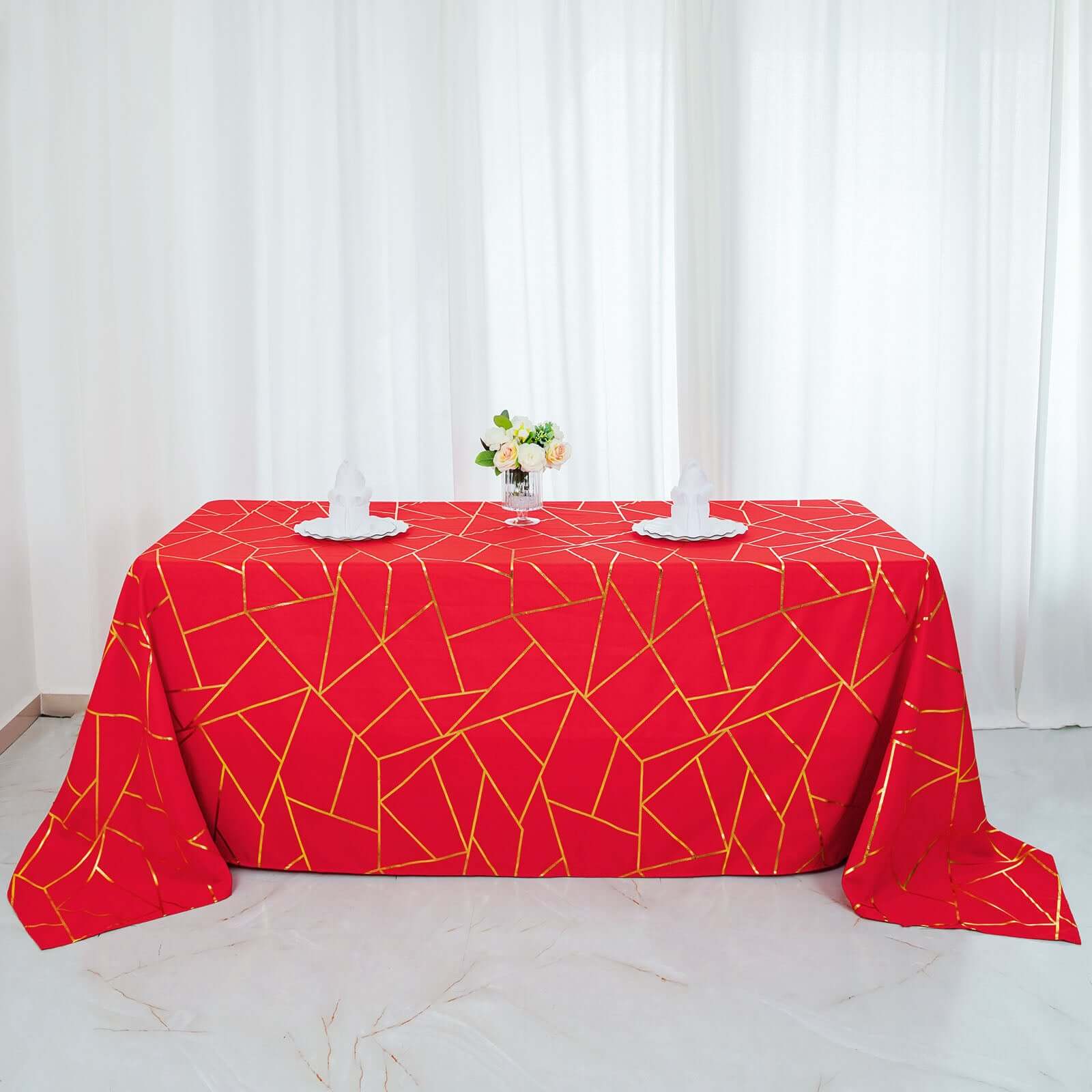 Hot! Red Seamless Polyester Tablecloth with Gold Foil Geometric Pattern, Wrinkle-Resistant (90x132)
