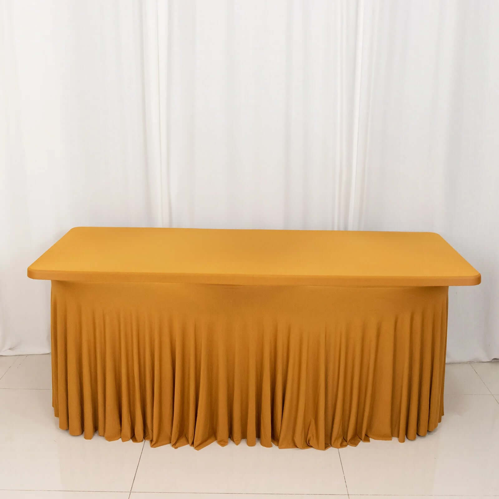 Stylish Gold Spandex Table Skirt with Wavy Effect for Weddings, Banquets & Shows