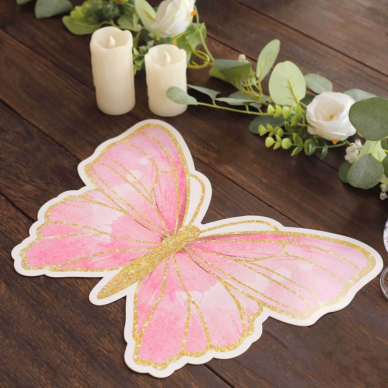 10-Pack Premium Disposable Pink Butterfly Placemats with Gold Glitters for Kids' Parties