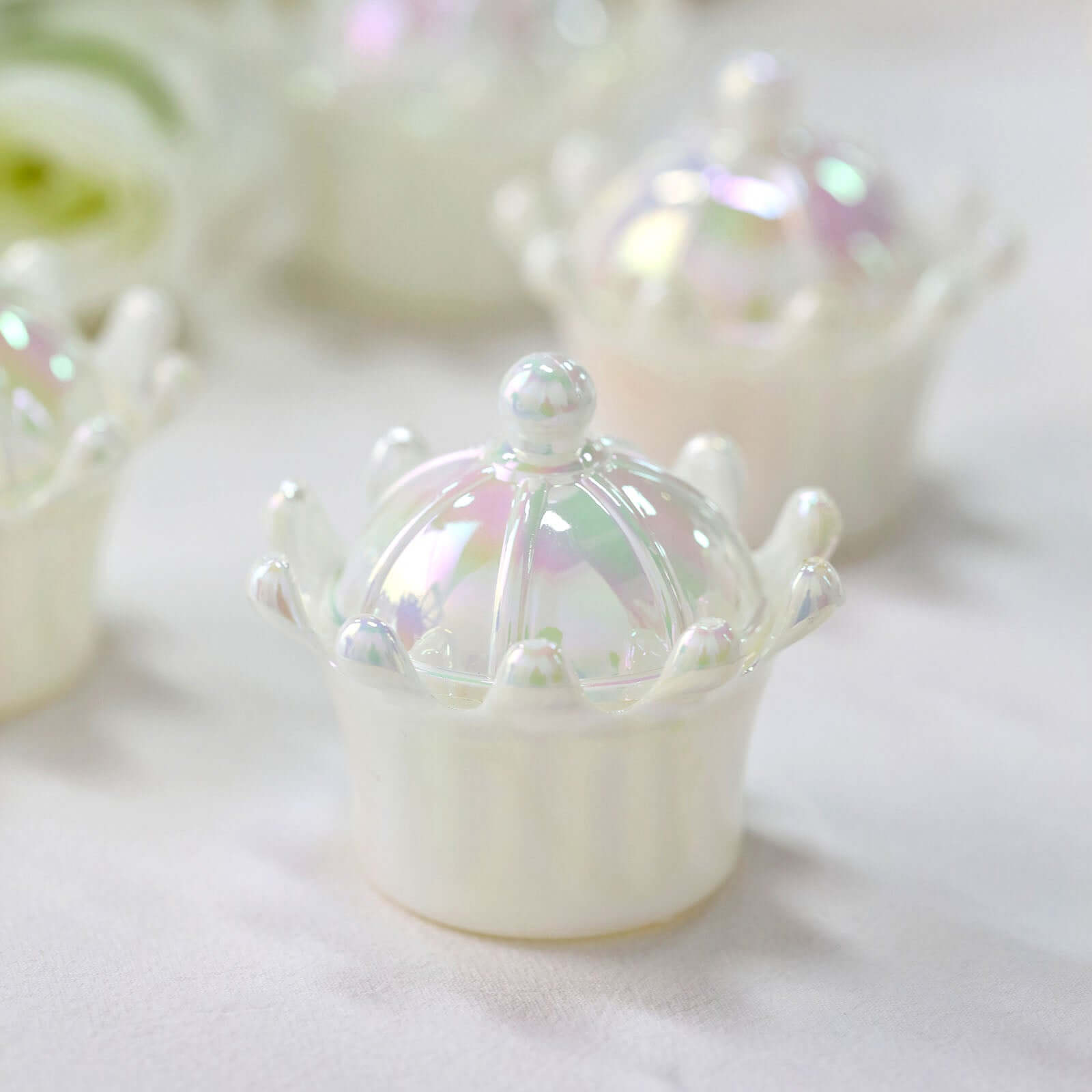 12-Pack White Mini Crown Treat Favor Boxes with Iridescent Dome Lids - Perfect for Parties!