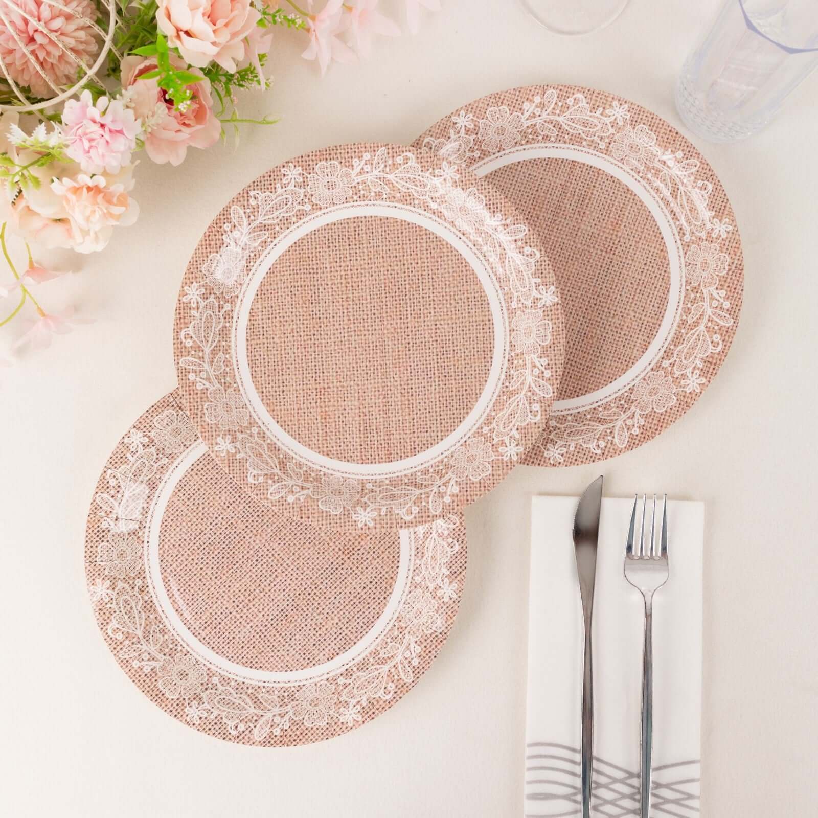 25-Pack 9-Inch Round Disposable Paper Dinner Plates with Natural Burlap & White Floral Lace Design
